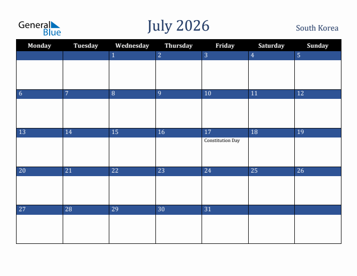 July 2026 South Korea Calendar (Monday Start)
