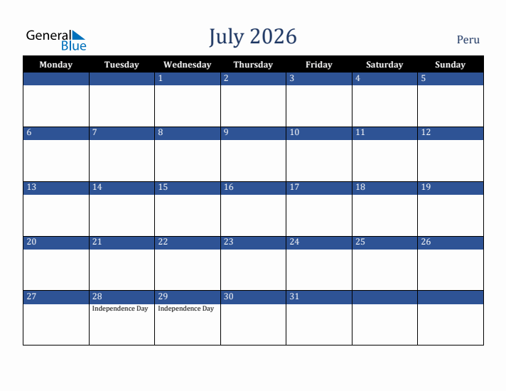 July 2026 Peru Calendar (Monday Start)