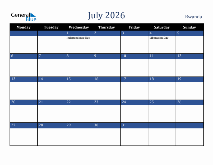 July 2026 Rwanda Calendar (Monday Start)