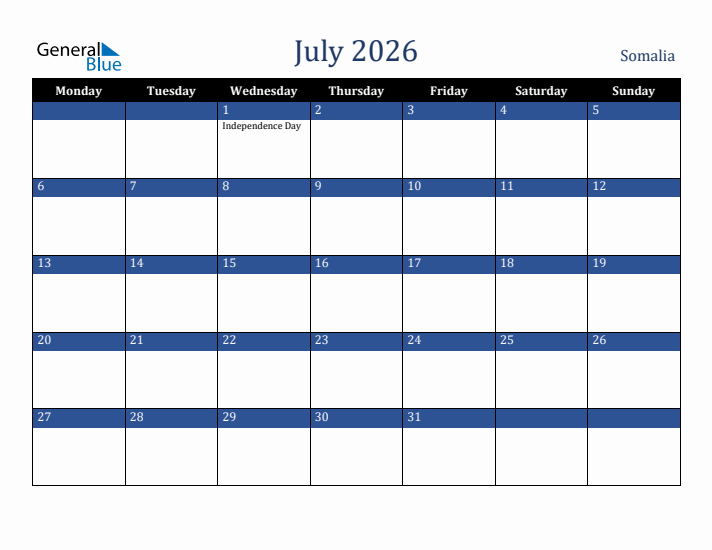 July 2026 Somalia Calendar (Monday Start)