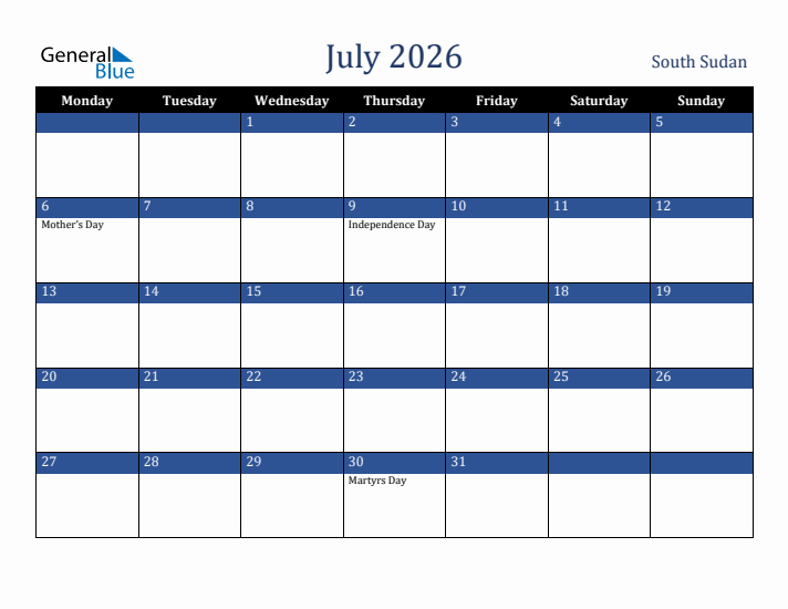 July 2026 South Sudan Calendar (Monday Start)