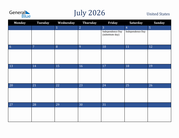 July 2026 United States Calendar (Monday Start)