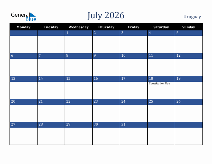 July 2026 Uruguay Calendar (Monday Start)