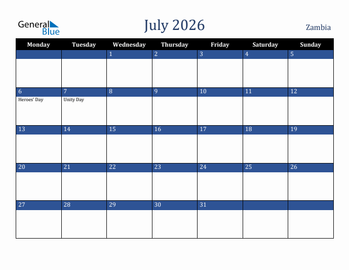 July 2026 Zambia Calendar (Monday Start)