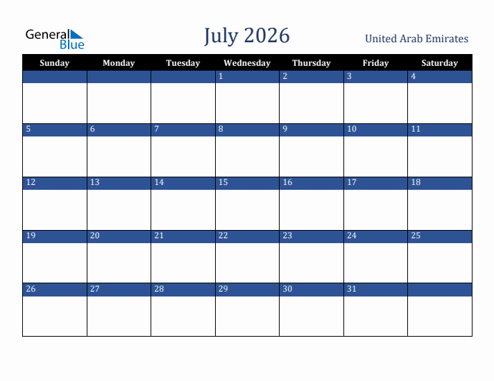 July 2026 United Arab Emirates Calendar (Sunday Start)