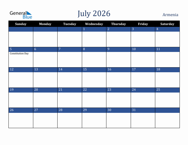 July 2026 Armenia Calendar (Sunday Start)