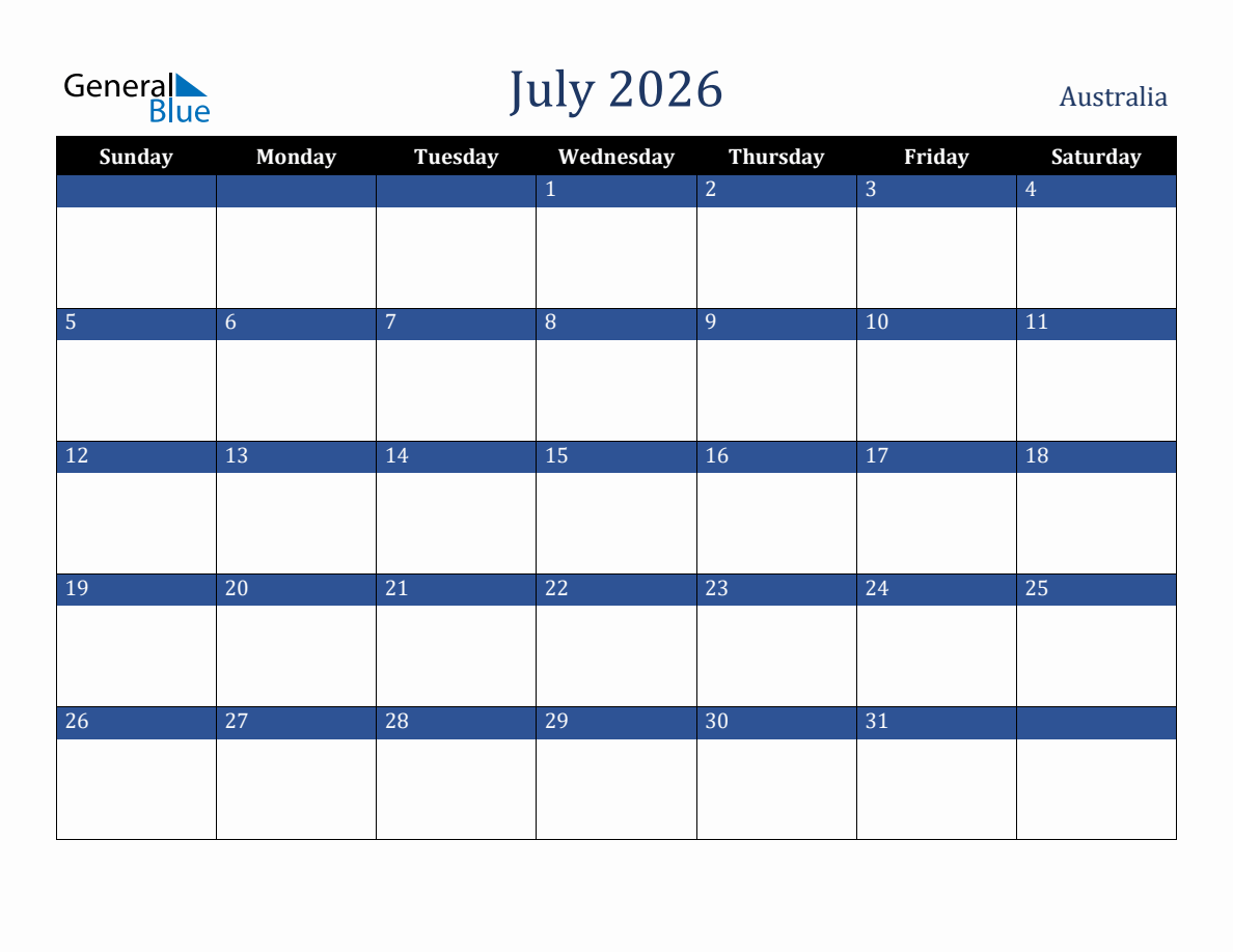 July 2026 Australia Holiday Calendar