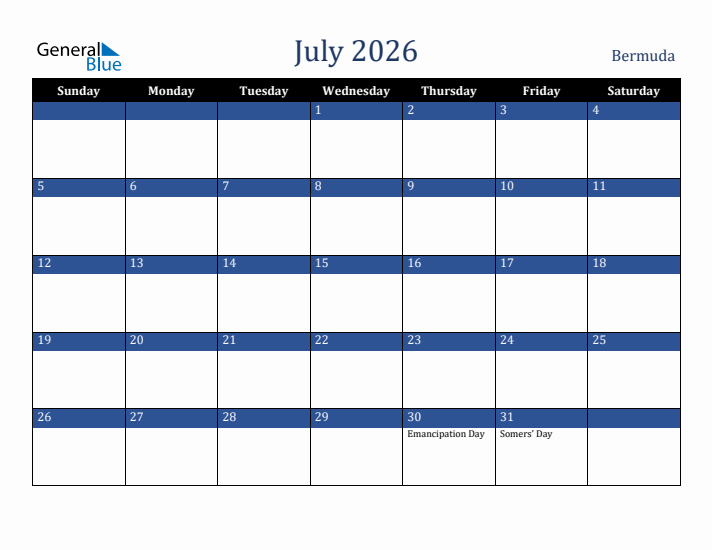 July 2026 Bermuda Calendar (Sunday Start)