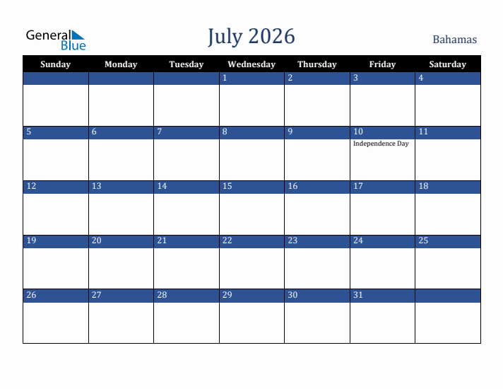 July 2026 Bahamas Calendar (Sunday Start)