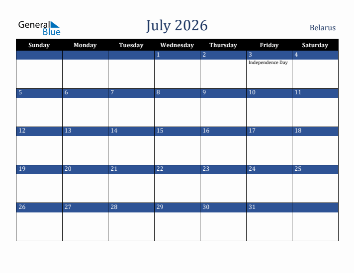 July 2026 Belarus Calendar (Sunday Start)
