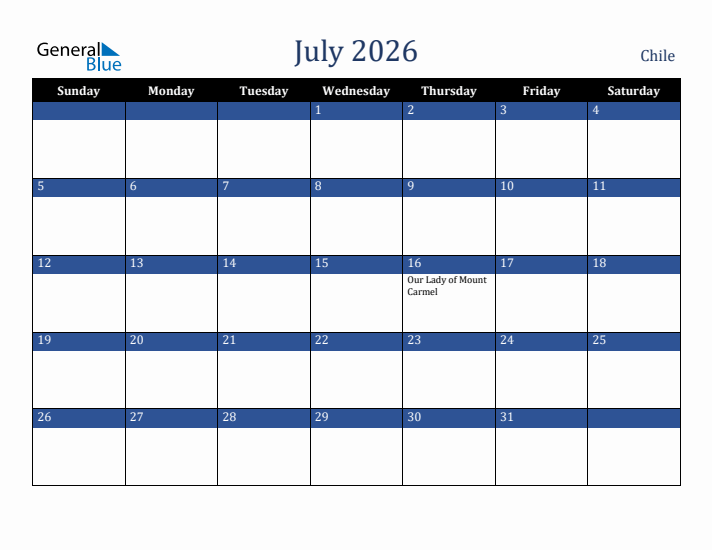 July 2026 Chile Calendar (Sunday Start)