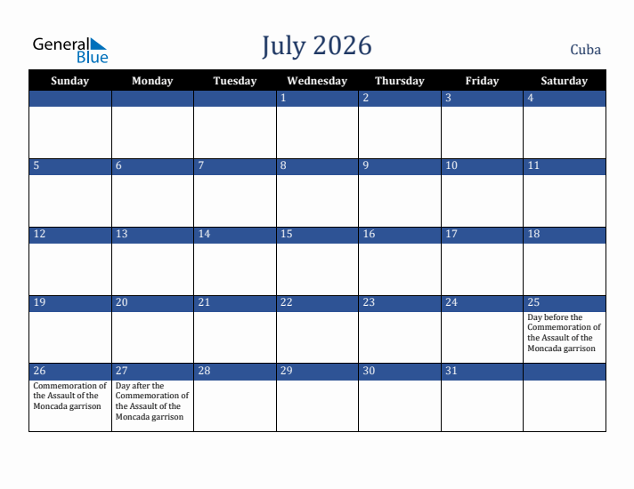 July 2026 Cuba Calendar (Sunday Start)