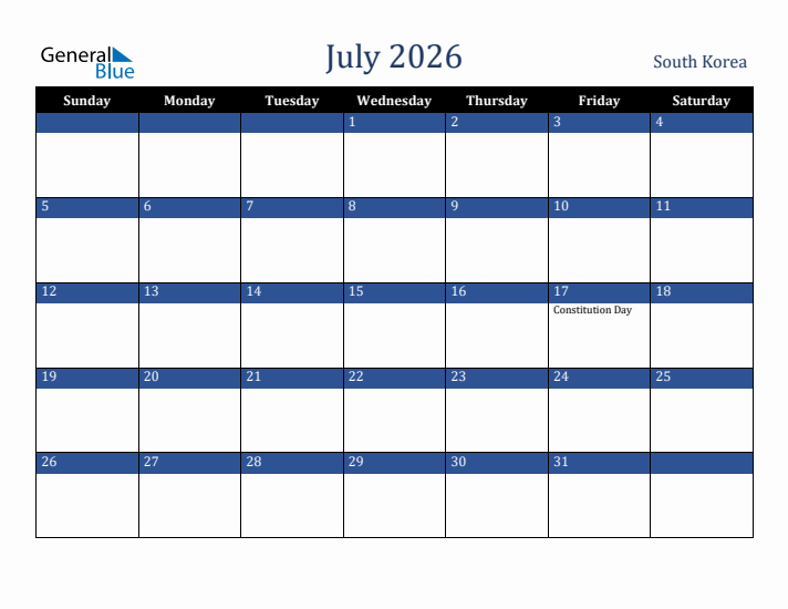 July 2026 South Korea Calendar (Sunday Start)