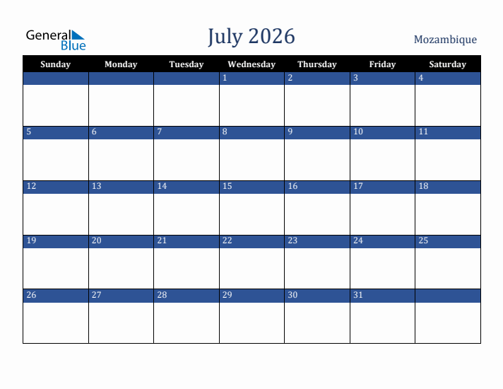 July 2026 Mozambique Calendar (Sunday Start)
