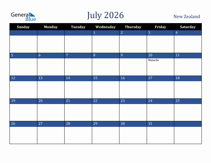 July 2026 New Zealand Calendar (Sunday Start)