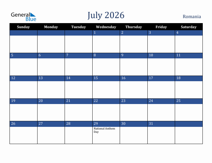 July 2026 Romania Calendar (Sunday Start)