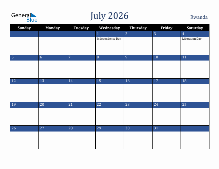 July 2026 Rwanda Calendar (Sunday Start)