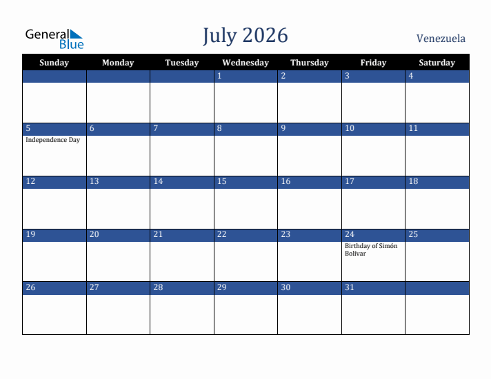 July 2026 Venezuela Calendar (Sunday Start)