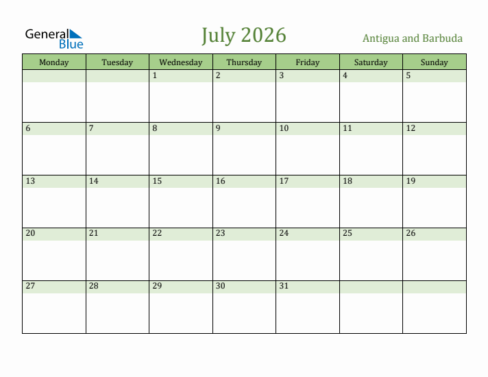 July 2026 Calendar with Antigua and Barbuda Holidays