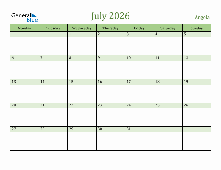 July 2026 Calendar with Angola Holidays
