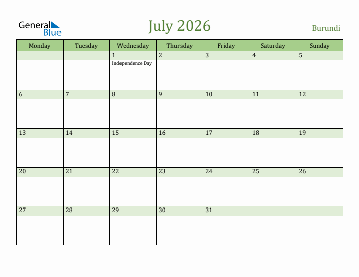 July 2026 Calendar with Burundi Holidays