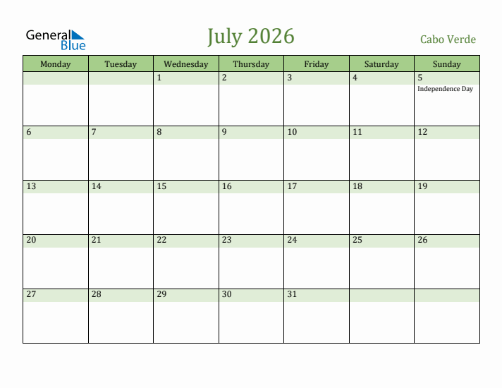 July 2026 Calendar with Cabo Verde Holidays