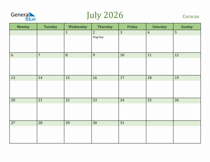 July 2026 Calendar with Curacao Holidays