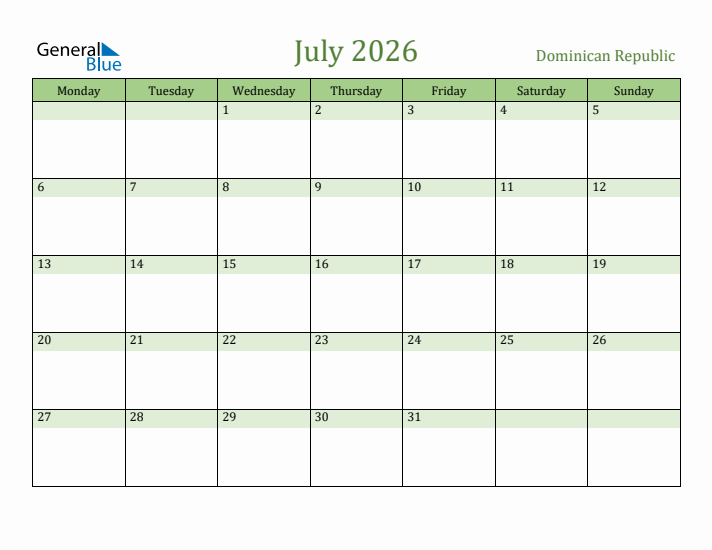 July 2026 Calendar with Dominican Republic Holidays