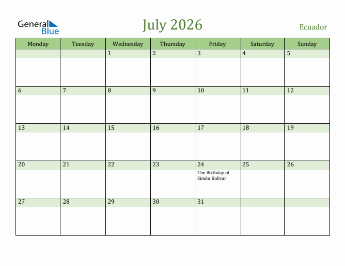 July 2026 Calendar with Ecuador Holidays