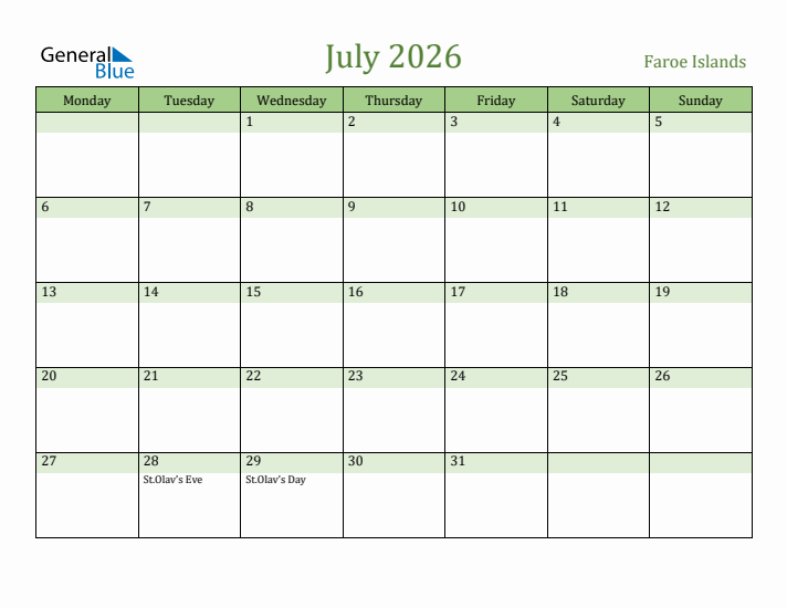 July 2026 Calendar with Faroe Islands Holidays