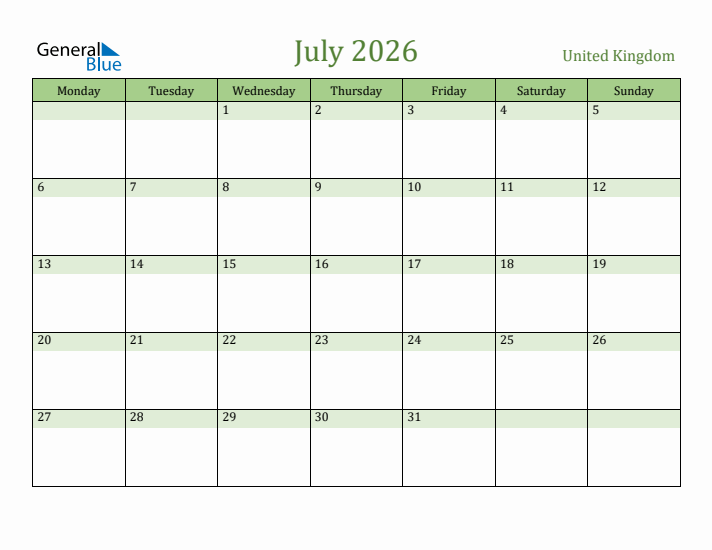 July 2026 Calendar with United Kingdom Holidays