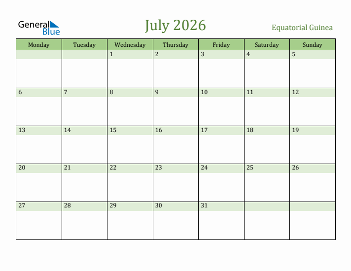July 2026 Calendar with Equatorial Guinea Holidays