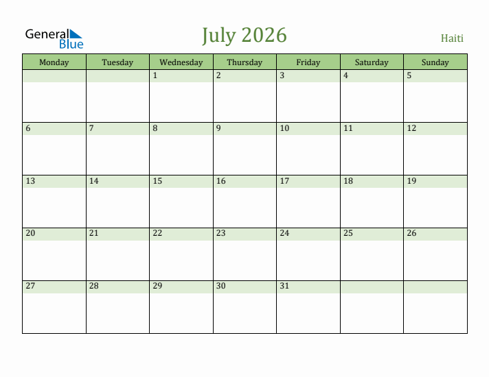 July 2026 Calendar with Haiti Holidays