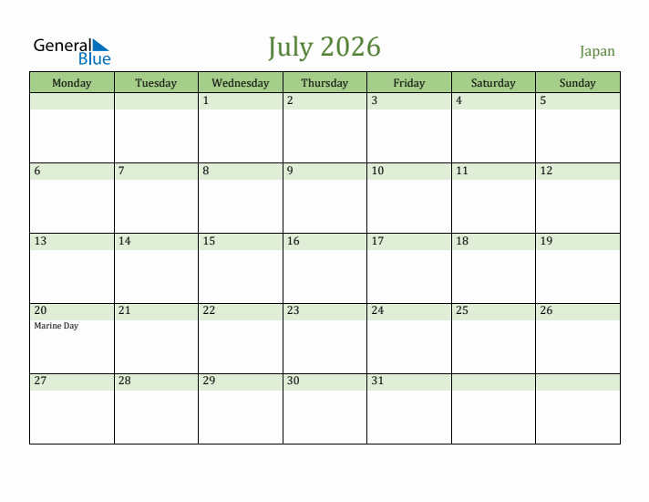 July 2026 Calendar with Japan Holidays