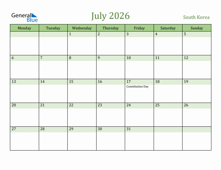 July 2026 Calendar with South Korea Holidays