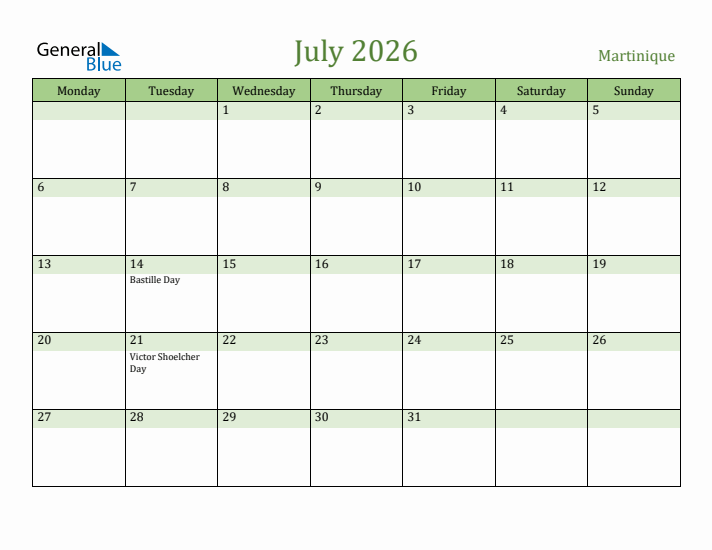 July 2026 Calendar with Martinique Holidays