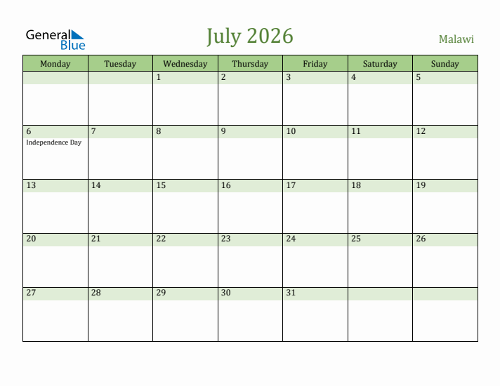 July 2026 Calendar with Malawi Holidays