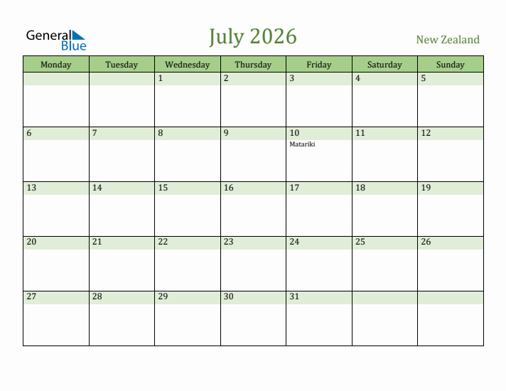 July 2026 Calendar with New Zealand Holidays