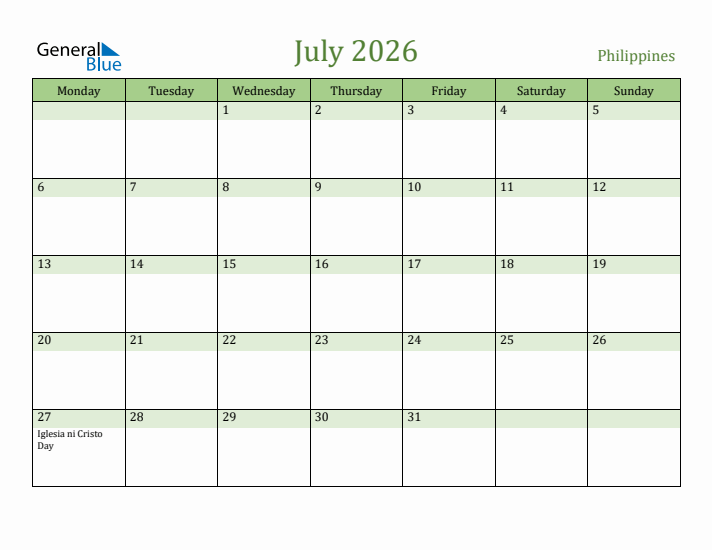 July 2026 Calendar with Philippines Holidays