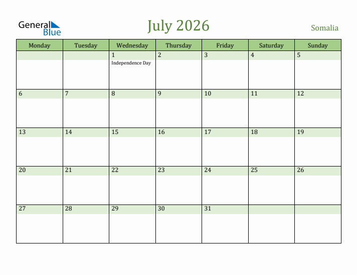 July 2026 Calendar with Somalia Holidays