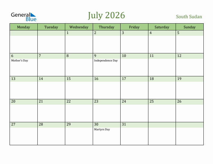 July 2026 Calendar with South Sudan Holidays