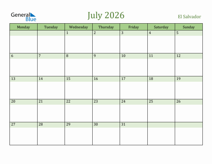 July 2026 Calendar with El Salvador Holidays