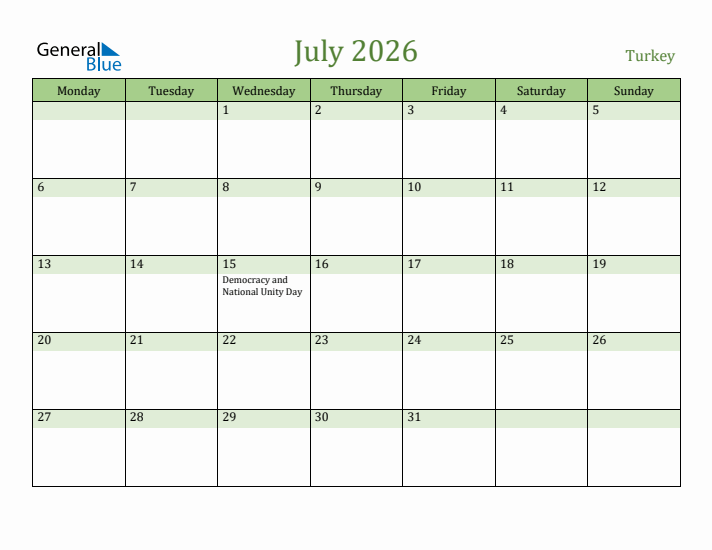 July 2026 Calendar with Turkey Holidays