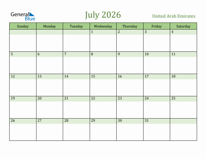 July 2026 Calendar with United Arab Emirates Holidays