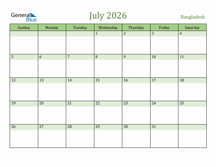 July 2026 Calendar with Bangladesh Holidays