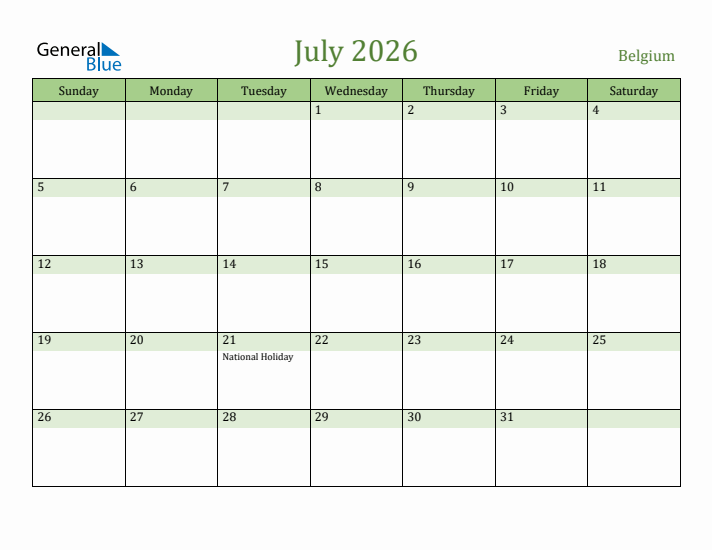 July 2026 Calendar with Belgium Holidays