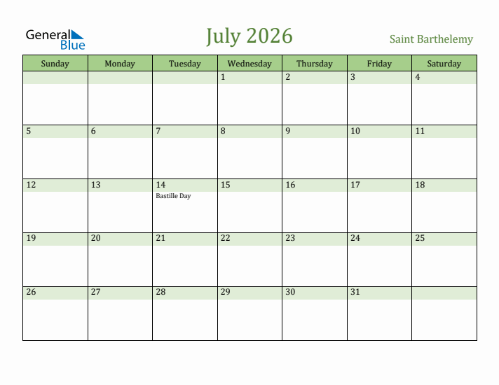 July 2026 Calendar with Saint Barthelemy Holidays
