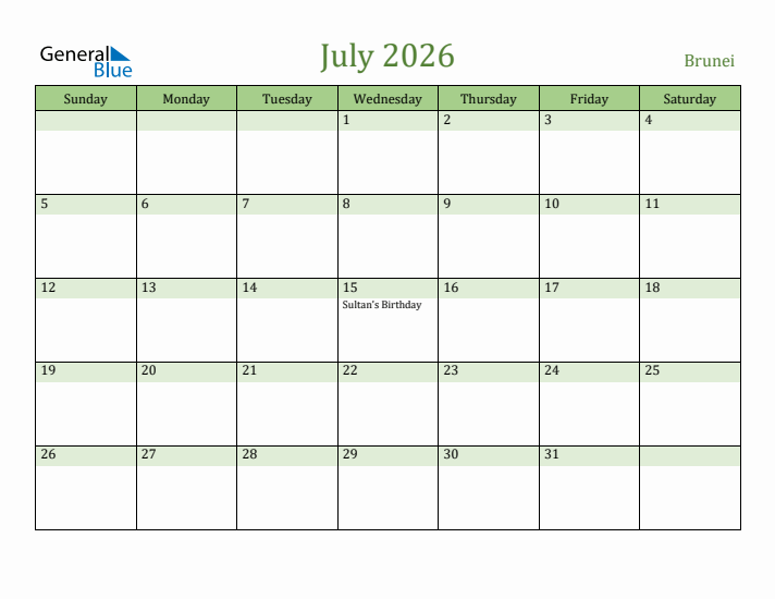 July 2026 Calendar with Brunei Holidays