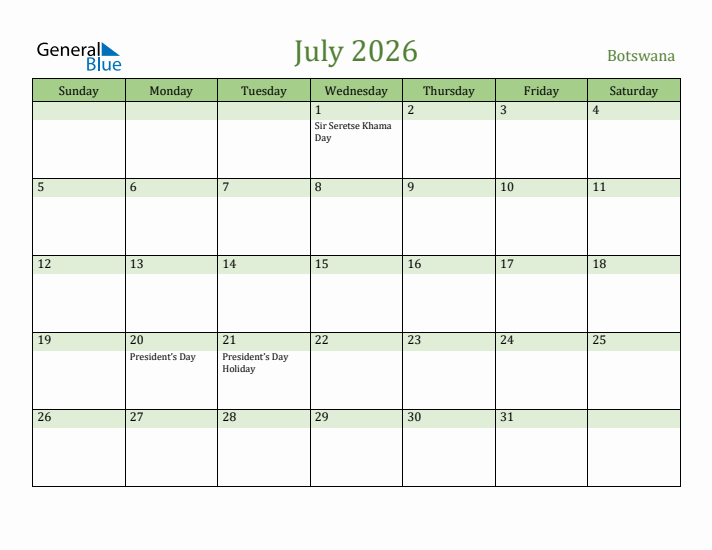 July 2026 Calendar with Botswana Holidays