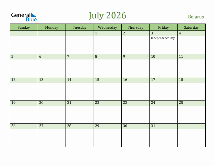 July 2026 Calendar with Belarus Holidays